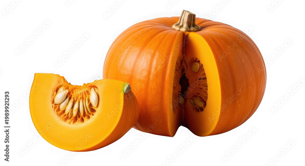 Obraz premium A whole pumpkin with two slices cut out to show the inside isolated on transparent background