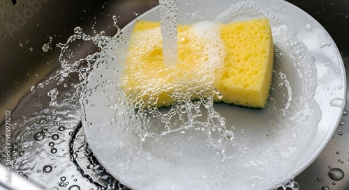 Washing Dishes: Water Splashing on Plate with Yellow Sponge in Kitchen Sink