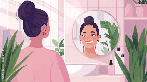 A woman in a pink top looks at herself in a mirror, smiling, in a bathroom setting