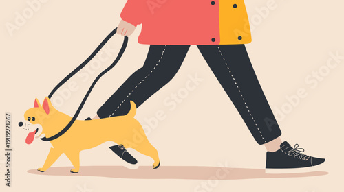 Stylized illustration of a person walking a dog on a leash, minimalist design, flat colors