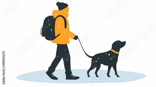 A person with a backpack and their dog walking on a snowy day. Abstract illustration