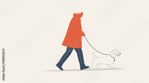 Illustration of a person walking a dog on a leash, in simple, colorful, flat graphic style