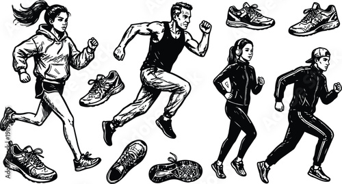 Line art runners in varied poses with separate running shoes and detailed shoe soles