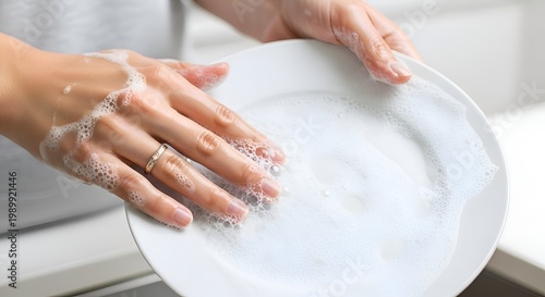 Woman washing white plate with soapy water, close-up of hands and bubbles