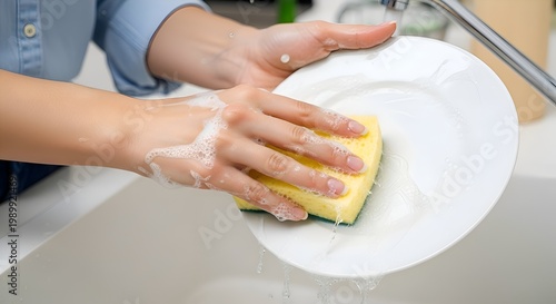 Woman's Hands Washing a Plate with Sponge in Kitchen Sink
