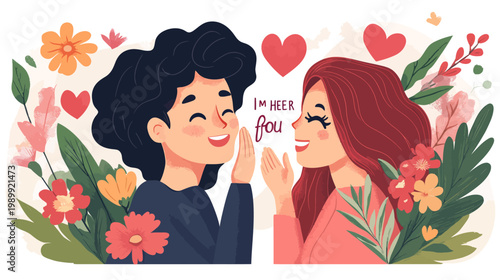 Charming illustration of two smiling people, surrounded by flowers and hearts. Sharing secrets