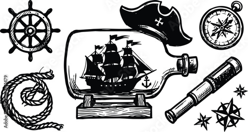 Line art ship in bottle with pirate hat compass spyglass rope and helm black and white
