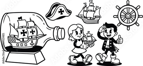 Black and white line art ship in bottle with girl holding toy ship and boy saluting