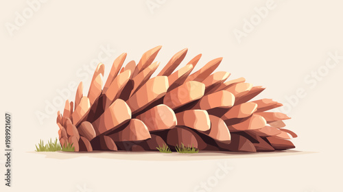 Pixelated illustration of a large, brown pine cone with grass growing below. It is set against a cream background
