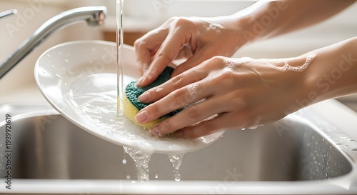 Woman's Hands Washing Dirty Plate with Sponge under Running Water in Kitchen Sink