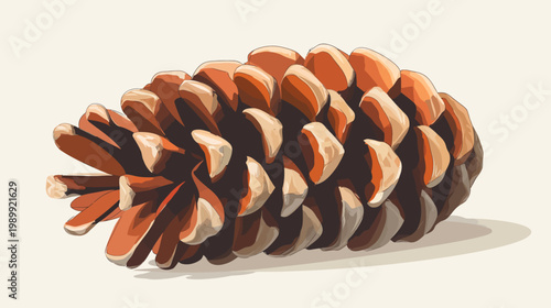 Illustration of a mature conifer cone with brown and beige scales, over a light background