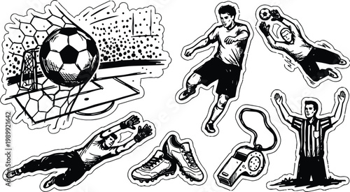Soccer sticker set black and white players goalkeeper referee cleats whistle action poses