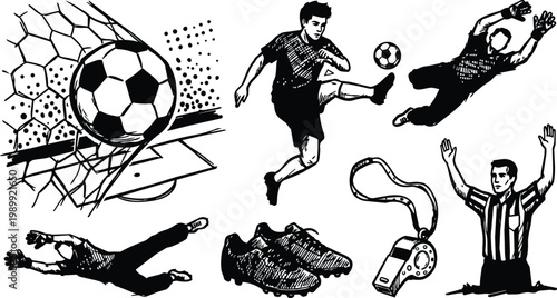 Black and white soccer collage with scoring shot goalkeeper dive referee and cleats
