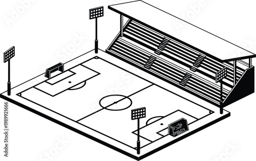 Isometric black and white soccer stadium with covered grandstand floodlights and two goals