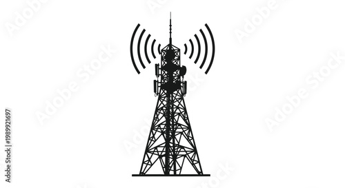 A tall communication tower with radiating waves depicted as a striking silhouette