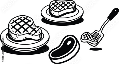 Black and white vector steaks with plates spatula and grill marks