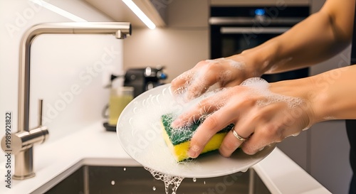 Close-up of hands washing dishes with a sponge in a modern kitchen sink.