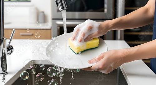 Close-up of hands washing dishes with soap and water in a modern kitchen sink.