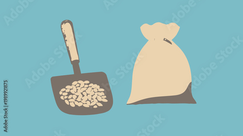 Illustration featuring a shovel with seeds and a tied sack against a solid turquoise background