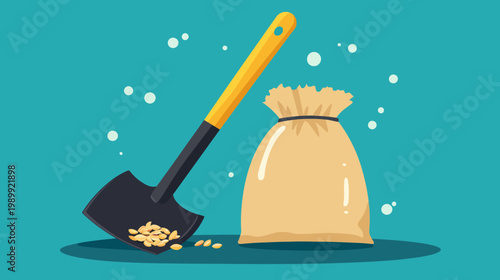 A cartoon illustration depicts a bag of grain beside a shovel, both set against a turquoise backdrop