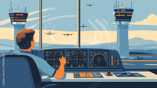 A stylized illustration featuring an air traffic controller observing aircraft from the control tower