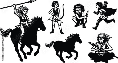 Black and white vector warriors with horses spear archer and knife figures
