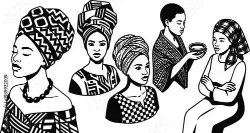Black and white line art bust portraits of african women wearing patterned headwraps