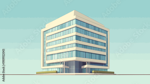A modern, low-poly style office building with many large windows under a clear sky