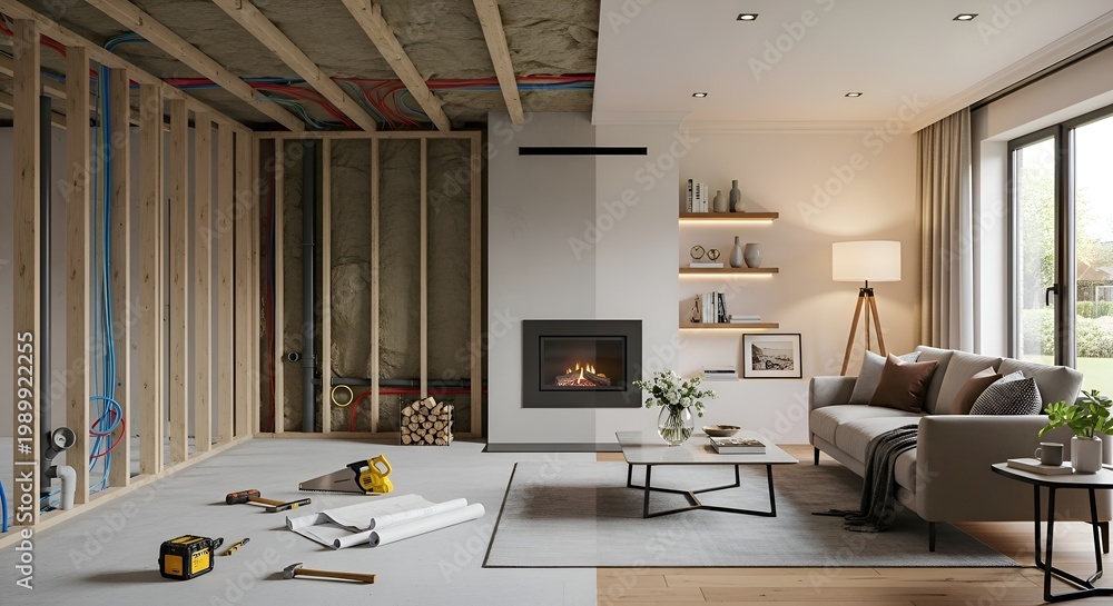 Fototapeta premium Before and After: Unfinished Basement Renovation to Cozy Living Room with Fireplace