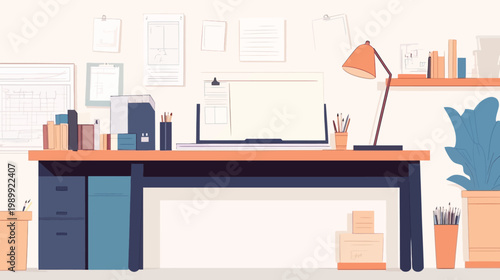 Illustration of a minimalist workspace with a laptop, desk, and office supplies