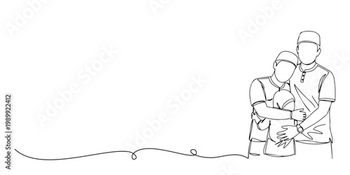 Minimal line drawing of parents embracing their newborn baby in a simple outline.