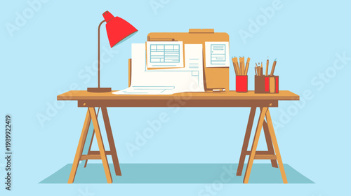A cartoon depiction of a wooden drafting desk with tools and papers, lit by a red lamp