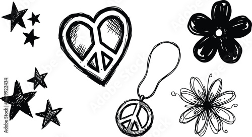 Hand drawn peace heart pendant stars and floral doodles black and white sketch