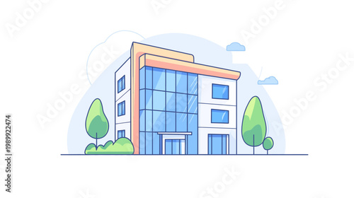 Modern architectural building illustration with a glass facade, green trees, and cloudy blue sky