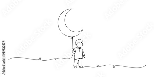 Child holding a crescent moon balloon along a simple horizon line.