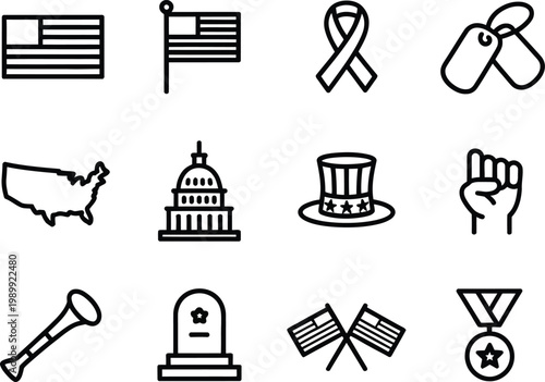 Black and white outline icons for American themes american flag