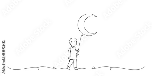 Minimal line drawing of a child holding a crescent moon balloon.