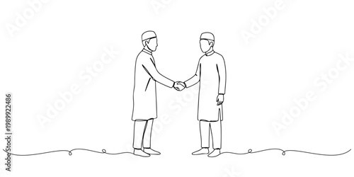 Minimal line drawing of two professionals shaking hands in agreement.