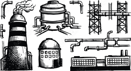 Industrial plant pipes tanks smokestack and refinery structures hand drawn vector line art