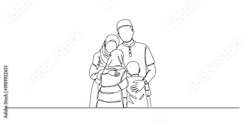 Minimalist continuous line drawing of a loving family embracing.