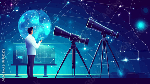 An astronomer studying the celestial sphere with telescopes against a backdrop of the starry night