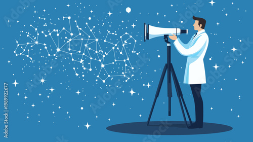 A scientist in a lab coat observes the stars through a telescope set against a starry background