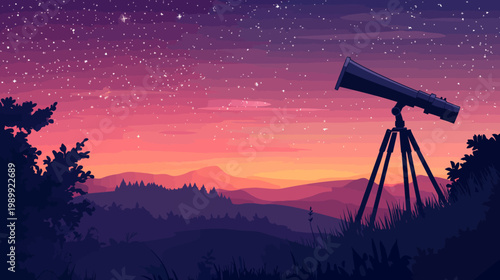 A pixelated nighttime landscape featuring a telescope pointed at the starry sky, with mountains and trees