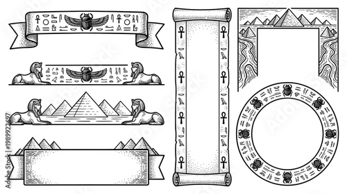 Ancient Egyptian Design Elements Collection with Sphinx, Pyramids, Scarabs, and Hieroglyphic Frames in Engraving Style
