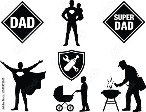 Fatherhood Icons Silhouette Collection Keywords: dad, father, fatherhood, superhero, baby