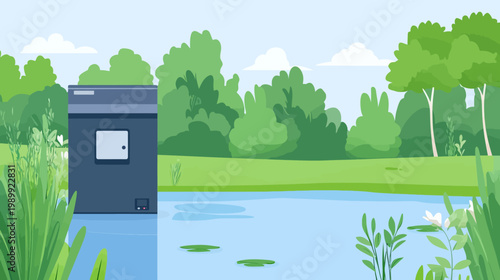 A stylized illustration depicting a landscape with a body of water and an industrial structure