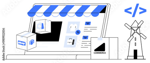 E-commerce, online business, digital marketing, web design, technology, innovation. Digital storefront with product boxes, shopping cart icons coding symbol windmill illustration. E-commerce