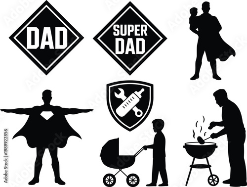 Fatherhood Icons Silhouette Collection Keywords: dad, father, fatherhood, superhero, baby