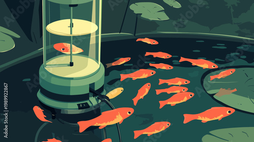 Pixelated illustration of a pond with orange fish, a cylindrical structure, and lily pads