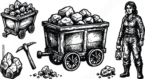 Black and white mining cart filled with rocks pickaxe and miner woman holding lantern